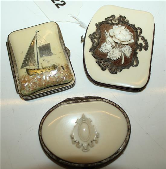 Three French ivory coin purses, variously applied and inlaid